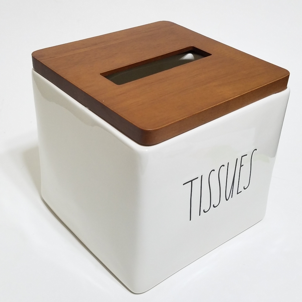 RAE DUNN “TISSUES” Ceramic Tissue Box Wood Top